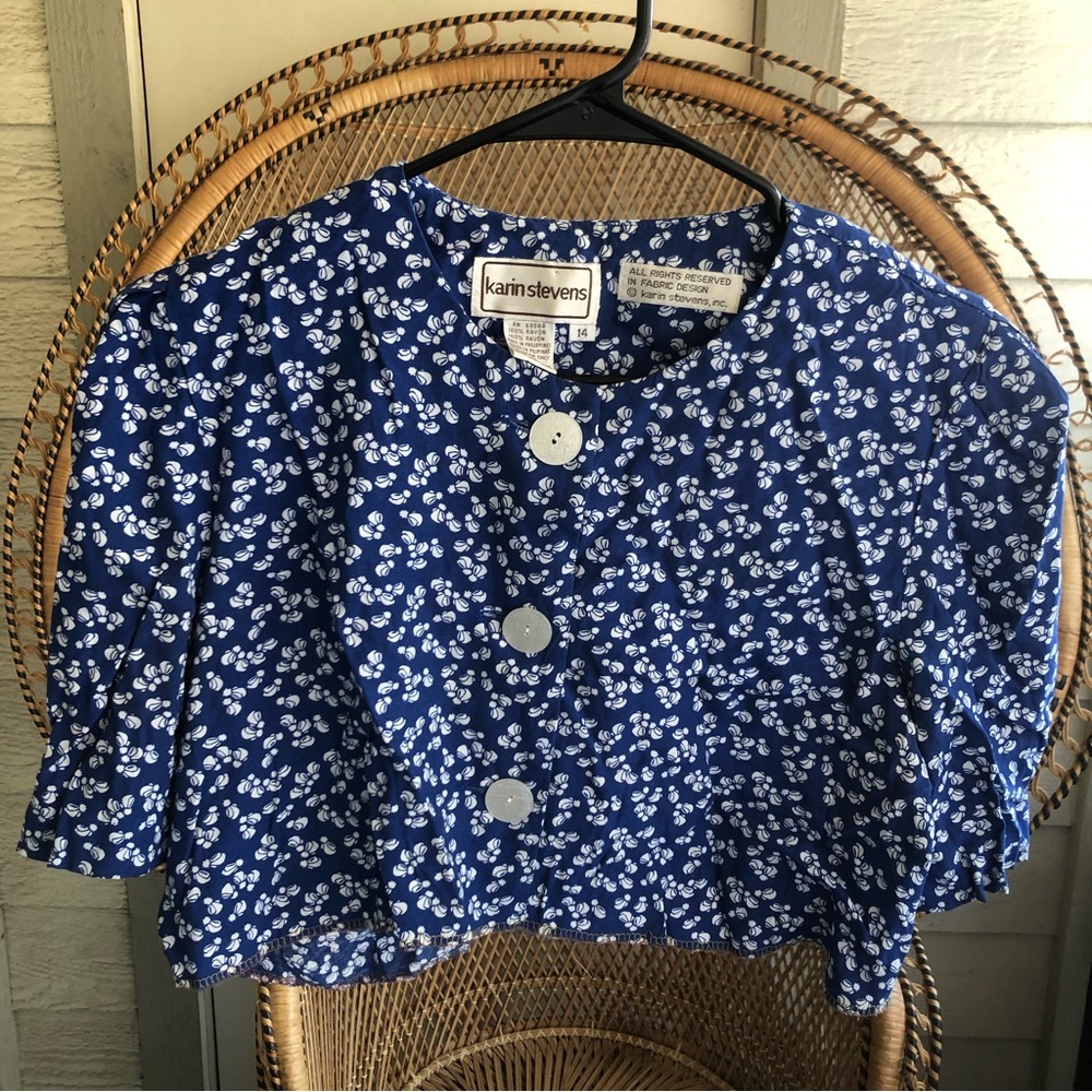 Vintage Karin Stevens Blue and White Pattern Crop Top Button Up Size 14